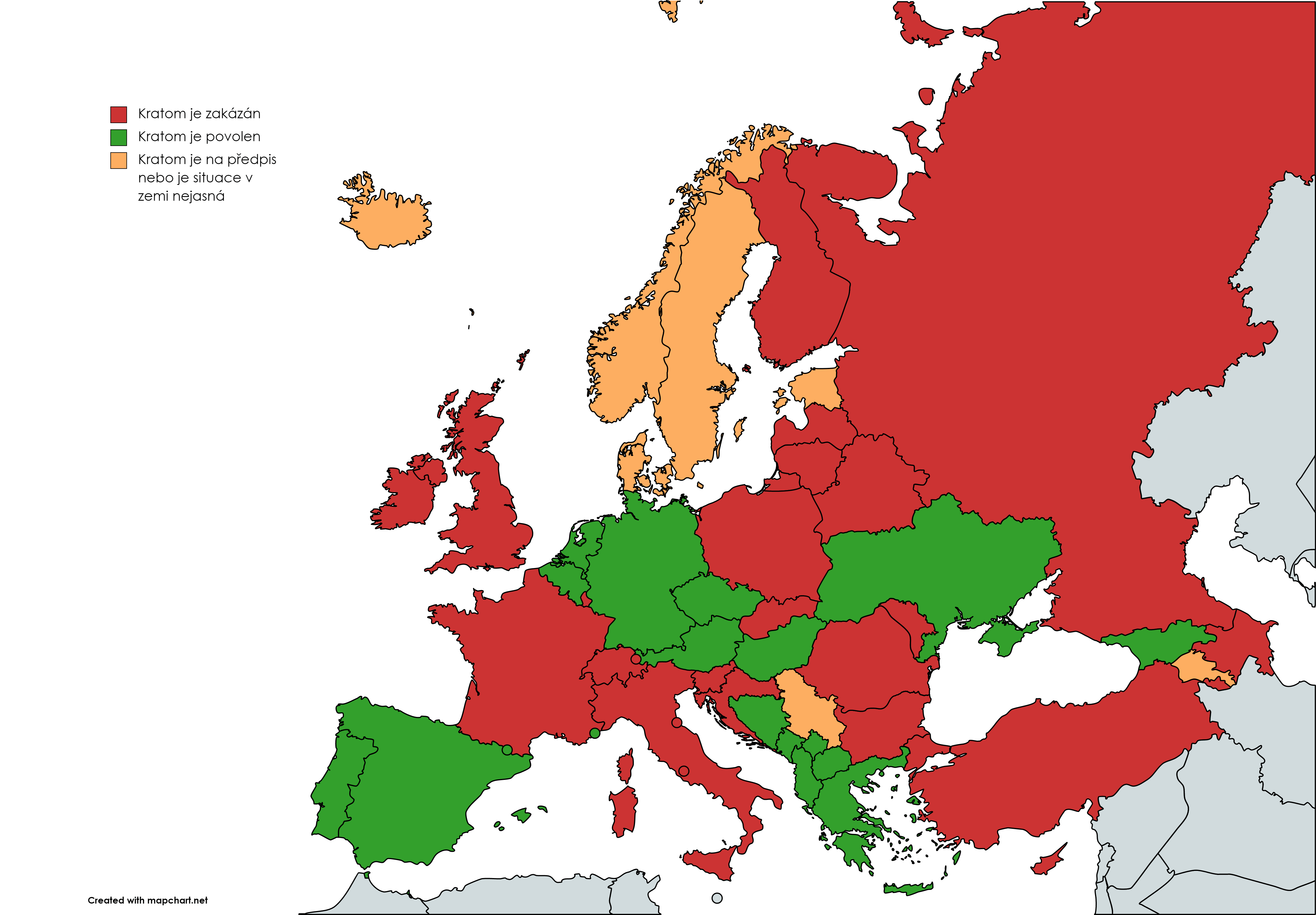 Kde je kratom legální ? 
    Mapa zobrazující legalitu kratomu v různých zemích. Barevné označení ukazuje stav legalizace, zákazu nebo dostupnosti na předpis. Zeleně jsou vyznačeny státy, kde je možné kratom legálně zakoupit. Červeně jsou označeny státy, ve kterých je kratom zakázán. Oranžově jsou označeny státy, kde je kratom dostupný pouze na předpis od lékaře nebo situace je dosti nejasná. Obrázek poskytuje přehled o různých přístupech jednotlivých zemí k legalitě látky X. 